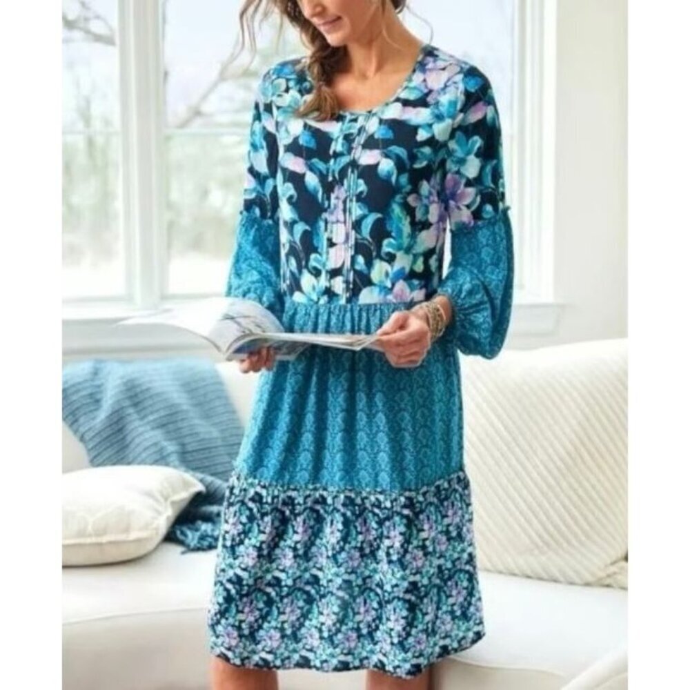 Soft Surroundings Night Bloom Long Sleeve Tiered Shift Dress Womens Size XL Boho